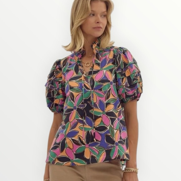 entro Tops - Entro Vibrant Floral Print Short Puff Sleeve Tiered Detail Top Size Medium